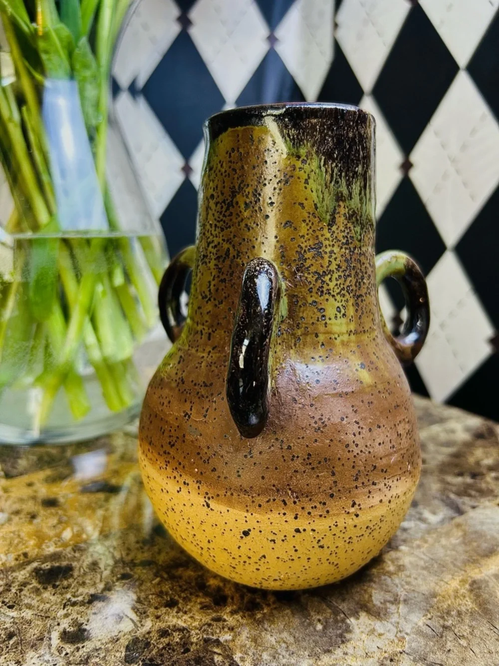Triple Handle Studio Pottery Vase Signed Speckled Earth‎ Tone Rustic Green Beige